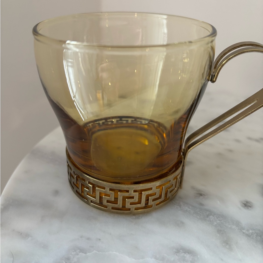 2 Vintage MCM Libbey Amber Glass Continental Cup w Gold Metal Greek Key Handles - Picture 3 of 12